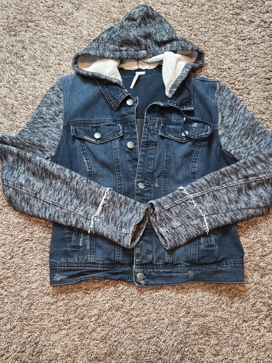 Free People Jackets & Blazers - Free People Large Hooded Denim Jacket with Knit Sleeves Distressed Top